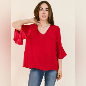 LaRoque 100% Silk Bell Sleeve High-Low Blouse One Size Fits Most Red